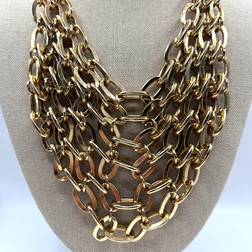 Aldo Gold Tone Multi Strand Chunky Link Statement Bib Necklace Layered Chain - Picture 2 of 7